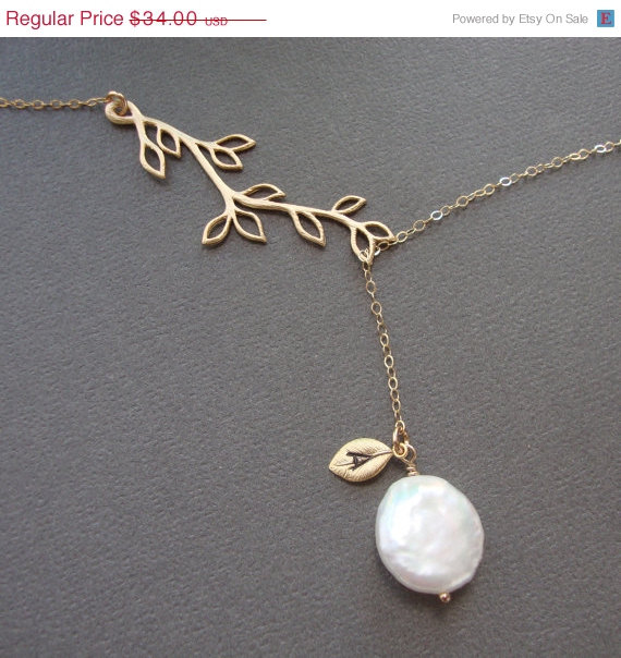 Hochzeit - WEEKEND SALE Pearl & Branch Lariat style, bridal, bridesmaids, engraved tiny leaf,Bridal Monogram,Bridesmaids Jewelry, personalized gift, we