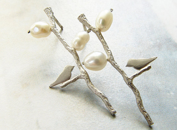 Hochzeit - Bird on branch studs, bridal pearl post earrings, wedding jewelry, bridesmaid earrings, studs, lovebird twig earrings