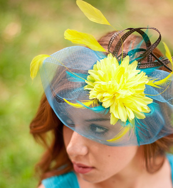 زفاف - Fascinator, blue fascinator, wedding hat, fascinator veil, yellow fascinator hat Turquoise Yellow  SOUL