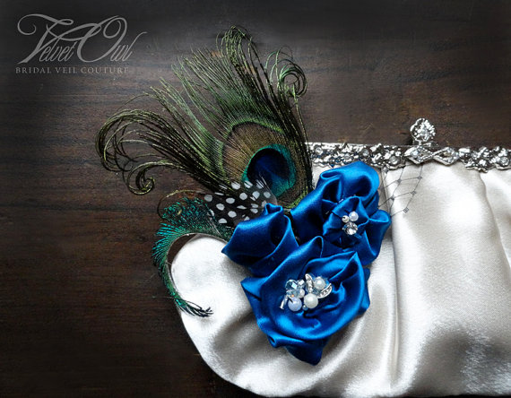 زفاف - Bridal clutch purse bag Royal blue hand made satin flowers peacock flower Champagne wedding - ANASTASIA