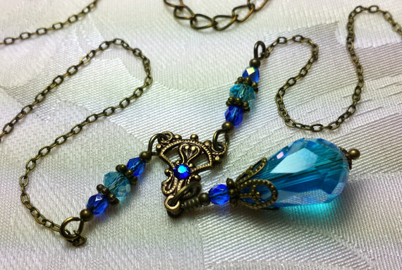 زفاف - Steampunk Choker Peacock Aqua Blue Crystal Bronze Titanic Temptations Jewelry Vintage Victorian Bridal Style Antiqued Gold Filigree Teardrop