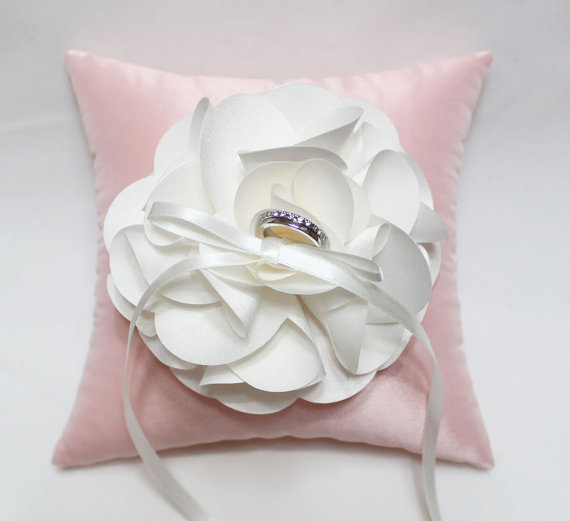 Hochzeit - Wedding ring pillow white bloom on pink satin ring pillow