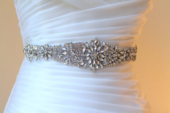 Wedding - Crystal embellished applique wedding belt.  Bridal beaded rhinestone ribbon sash. ANASTASIA