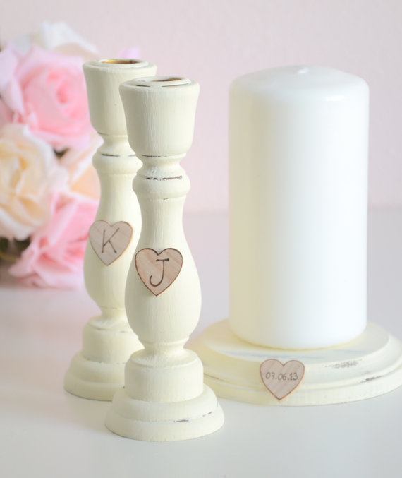 زفاف - Set of 3 personalized wedding unity candle holders-ivory inspired