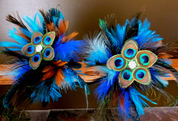 Mariage - Peacock  bouquet, small bridal bouquet teal, blue feather bouquet, bridesmaids bouquet
