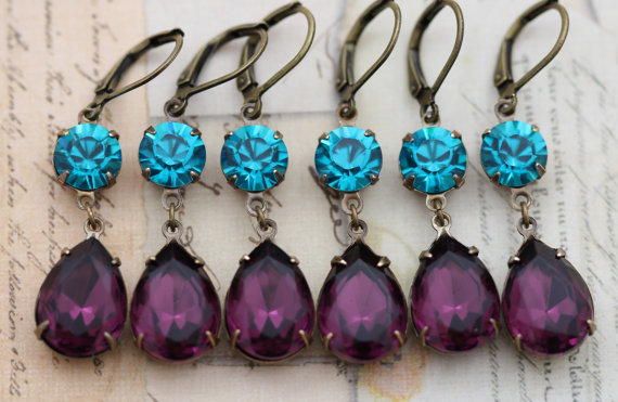 Wedding - Purple Wedding Jewelry Teal Peacock Wedding Earrings Set of 8 Pairs Bridesmaids Gift Amethyst Bridesmaids Turquoise - Clip ons available