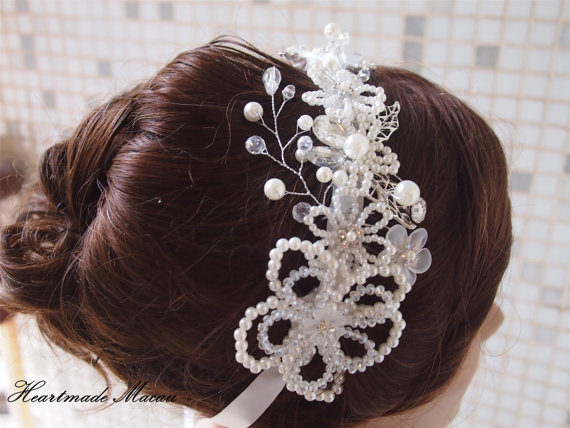 Свадьба - Crystal and Pearls Bridal HeadBand HeadPiece , Wedding Hair Accessory, Bridal Hair Accessory