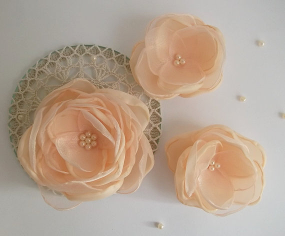 Mariage - Peach Orange Pastel Peach fabric Flower in handmade, Bridal hair flower, Bridesmaids accessory, Hair Shoe clip, Brooch, Weddings Gift, Set