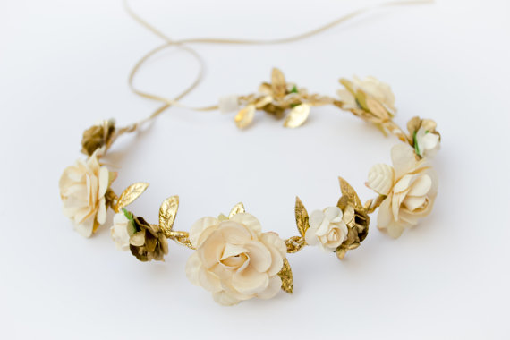 Hochzeit - Cream and Gold Floral Crown - Floral Halo Floral Boho Headband Newborn Photo Prop Shabby Chic