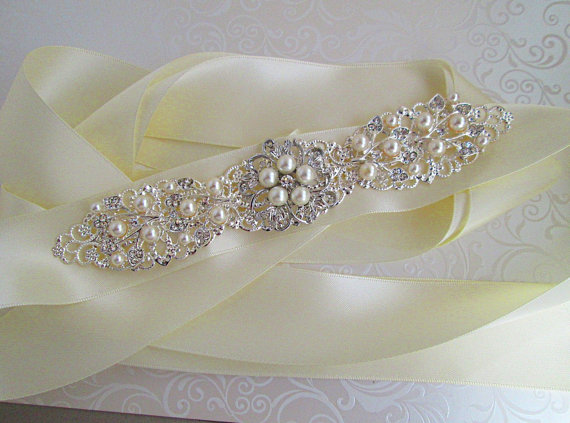 Hochzeit - Silver wedding sash bridal belt Crystal wedding dress sash Ivory pearl bridal belt crystal sash pearl