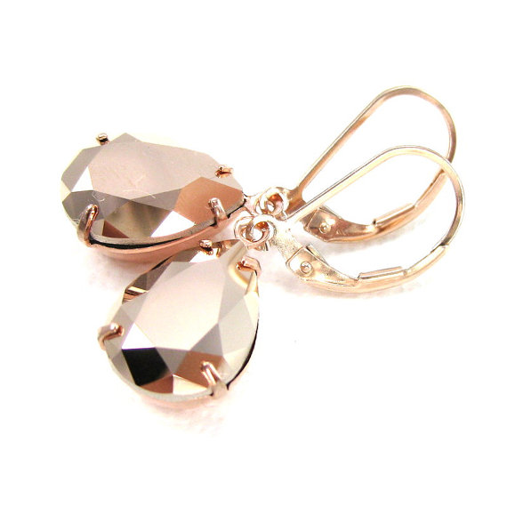 Hochzeit - Rose gold earrings Swarovski crystal jewelry Gold rhinestone earrings Teardrop earrings Bridesmaid gift Wedding earrings Rose gold earings