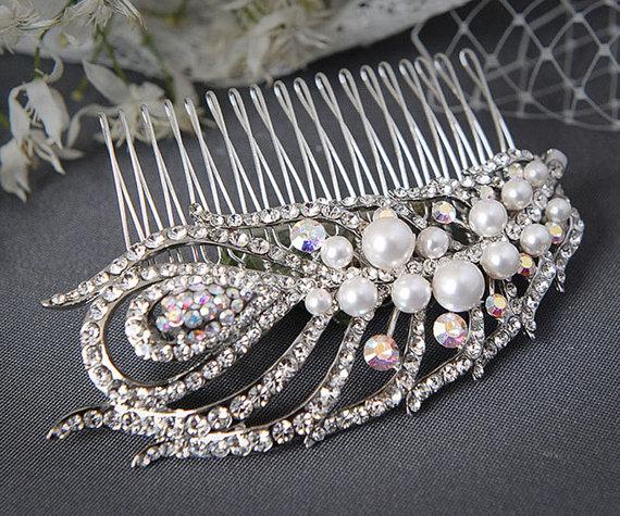 Wedding - PENNA, Bridal Hair Comb, Vintage Style Large Swarovski Pearl Hair Comb, Crystal Rhinestone Feather Wedding Hair Comb, Hair Accessories