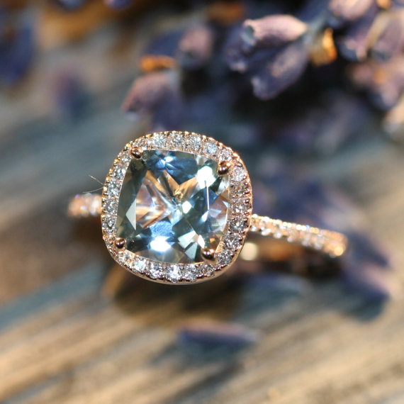 Hochzeit - Halo Diamond Aquamarine Engagement Ring in 14k Rose Gold Pave Diamond Wedding Band 8x8mm Cushion Cut Aqua Gem Ring (Wedding Set Available)