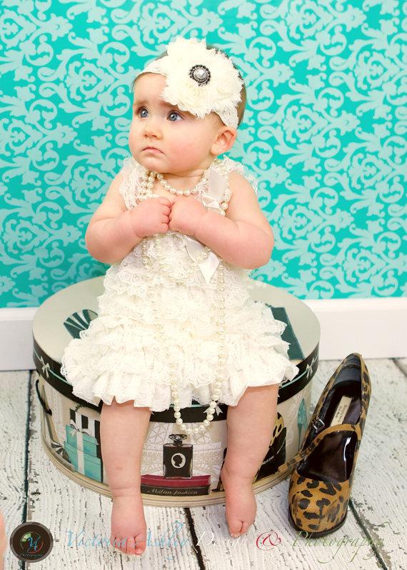 Wedding - Ivory lace dress & headband for baby girl