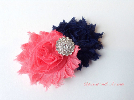 Mariage - Coral and navy wedding, coral and navy hair bow, coral and navy barrette, coral and navy accessories, coral and navy bridesmaid hair bow