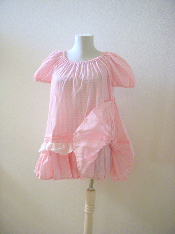 Mariage - Vintage 70s Pink and White Gingham Shortie Nightgown and Matching Bloomers - Pink Gingham Nightie - Pink Gingham White Eyelet Lace - Small