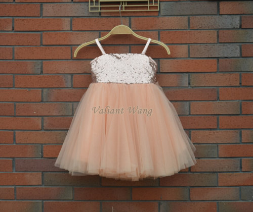 Mariage - Lovely Champagne Sequin Blush Pink Tulle Flower Girl Dress Wedding Baby Girls Dress