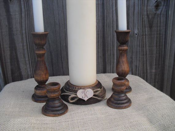 زفاف - Monogram Rustic Wood Family Unity Candle Set - Item 1126