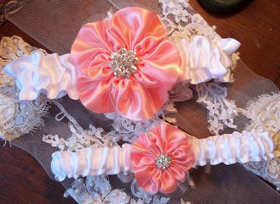 Hochzeit - Wedding Garter Set with a Coral Tulle Covered Wild Rose Garter - Five Petal Rose Flower, White band