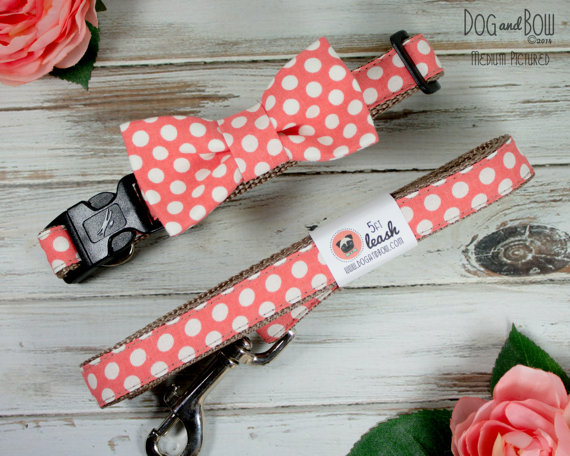 زفاف - Coral Polka Dot Bow Tie For Dog Optional Leash