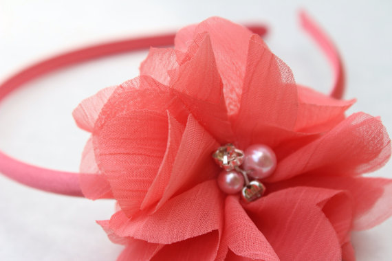 Свадьба - Coral headband plastic headband flower girl headband coral peach wedding plastic hard headband Satin headband coral wedding white wedding