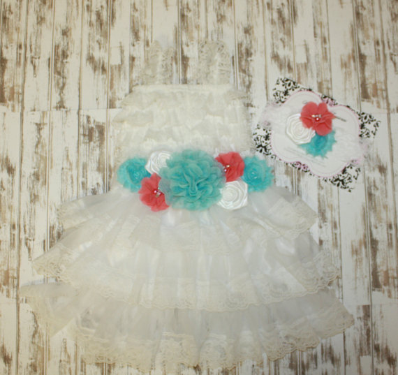 Hochzeit - Aqua Coral White Girls Dress With Headband-Flower Girl Dress- Photo Prop Dress