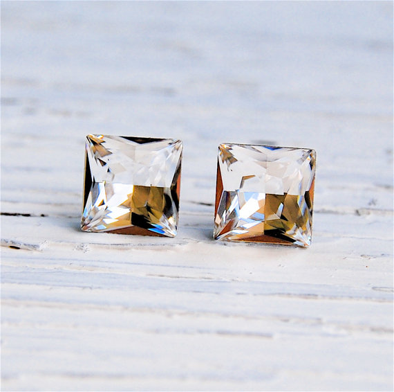 زفاف - Clear Crystal Bridal Earrings Everyday Diamond Earrings Super Sparklers Small Square Studs Diamond Stud Earrings Jewelry By Mashugana