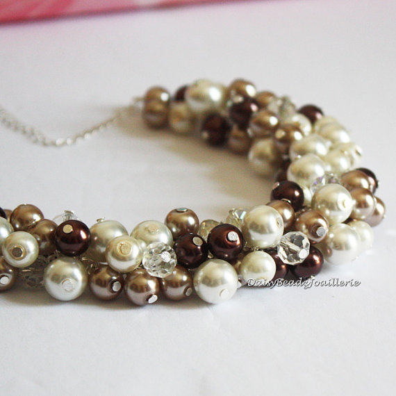 Hochzeit - Cluster Pearl Necklace, Chocolate Brown Taupe and Ivory, Bridesmaid Gifts, Chunky Necklace, Pearl Cluster Necklace, Bridesmaid Necklace