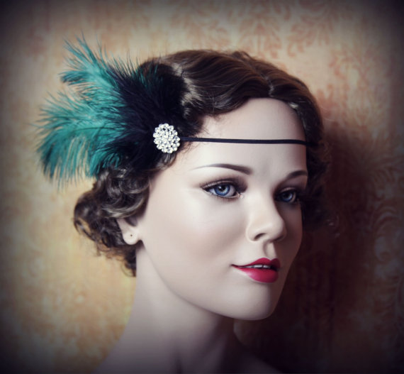 Wedding - Flapper Headband-Feather Headband-1920's-Gatsby Party- Wedding- Rhinestone with feather Accents