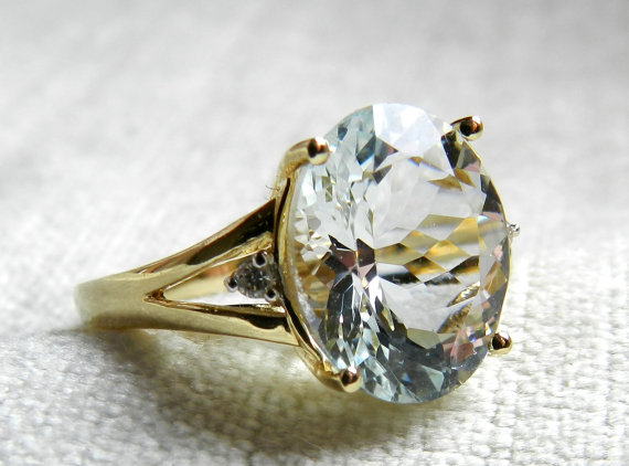 Wedding - Aquamarine Engagement Ring, 4.5 Ct Aquamarine Engagement Ring 14K Gold, Diamond Aquamarine Ring March Birthday