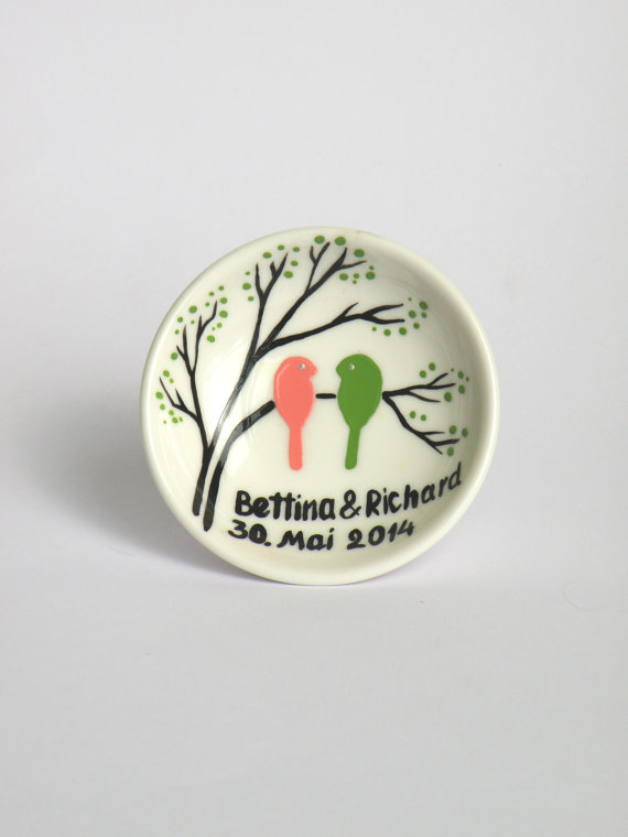 Mariage - Hand painted Wedding Ring Pillow Alternative , Wedding Ring Dish Pink and green birds on branch