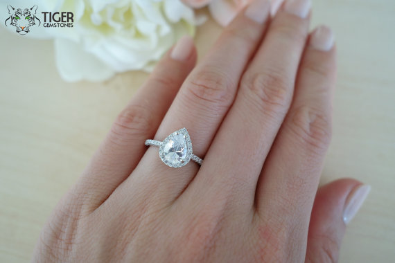 Hochzeit - 1.5 Carat Pear Cut Halo Engagement Ring,  Vintage Style, Flawless Man Made Diamond Simulants, Wedding, Sterling Silver, Bridal, Promise Ring