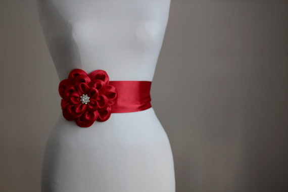 Hochzeit - Red flower wedding dress belt / sash night dress belt, bridesmaid accessories