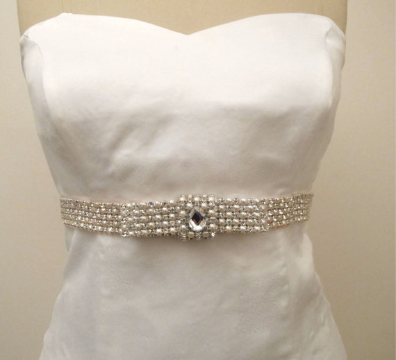 زفاف - Bridal Crystal Belts  Rhinestone and Pearl Beaded Wedding Sash Belt with Bow