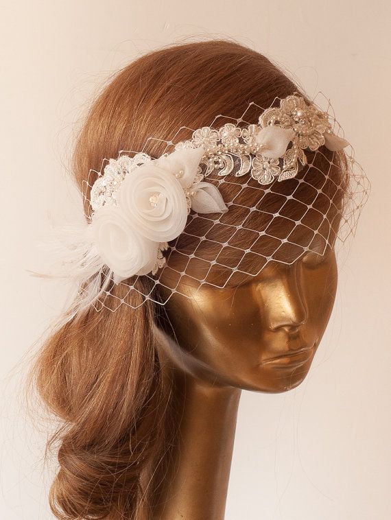 Hochzeit - BIRDCAGE VEIL.Ivory Lace Vintage Style Birdcage Veil. Bridal FASCINATOR