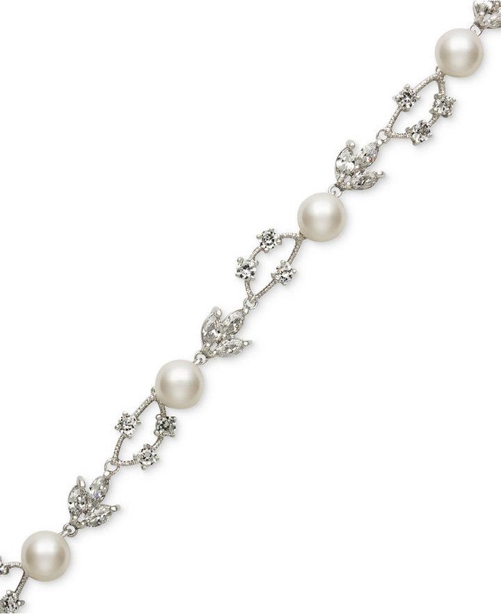 Hochzeit - Belle de Mer Bridal Cultured Freshwater Pearl (8mm) and Crystal Bracelet in Silver Plated Brass