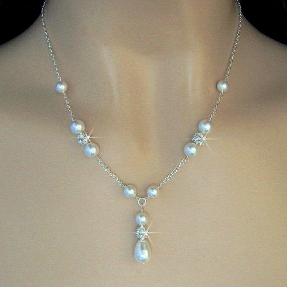 زفاف - Bridal Pearl Necklace - Pearl and Crystal Fireball Y Necklace - Bridal Necklace, Wedding Necklace - Jewelry for the Bride by JaniceMarie