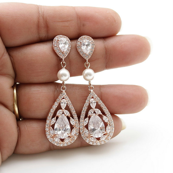 Mariage - Rose Gold Bridal Earrings Wedding Jewelry Cubic Zirconia Posts Pearl Large Tear Drops Bridal Jewelry Crystal Wedding Earrings