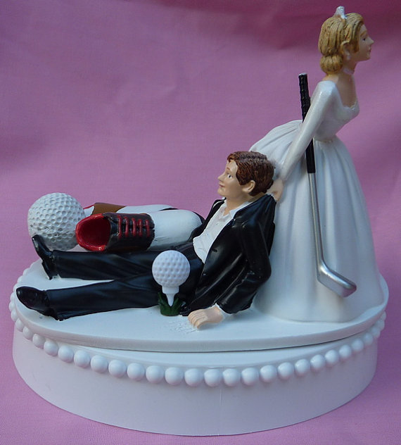 Hochzeit - Wedding Cake Topper Golf Fan Golfing Groom Golfer Shoes Ball Club Sports Themed w/ Bridal Garter Bride Dragging Pulling Humorous Funny Top