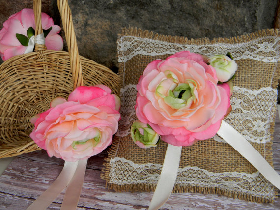Hochzeit - Rustic Flower Girl Basket &  Ring Bearer Pillow Set Shabby Chic Pink Burlap Wedding