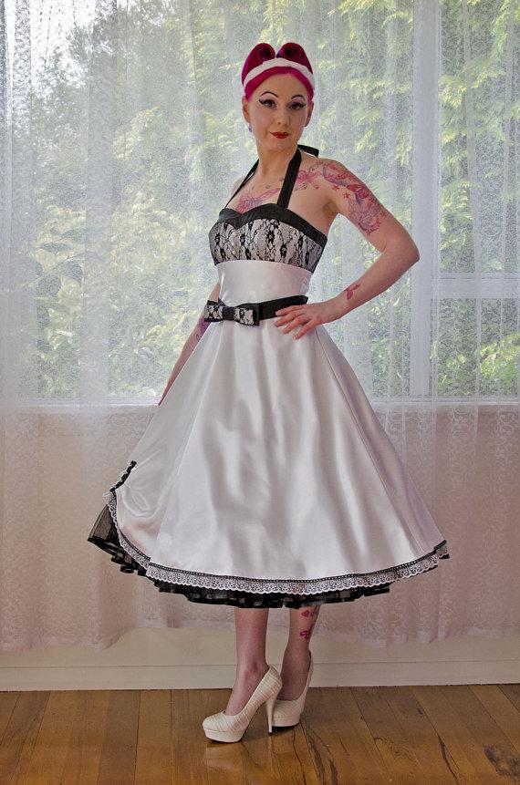 Hochzeit - 1950's "Clara" White Wedding Dress with a Sweetheart Bodice, Lace Overlay, Tea Length Skirt, Bow Belt and Petticoat - Custom made to fit