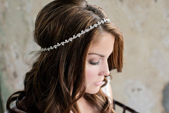 Свадьба - Skinny Rhinestone Wedding Headband, Thin Diamond Bridal Headband on White Ivory Ribbon - Style HB610