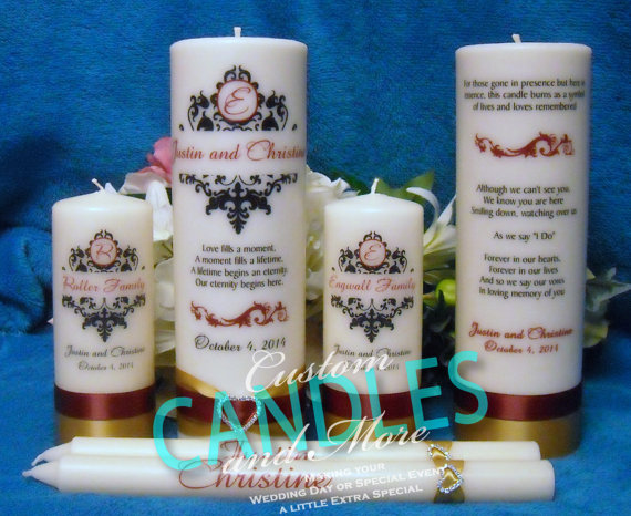 Hochzeit - Unity Candle Complete Set with Memorial Candle Personalized Damask Design