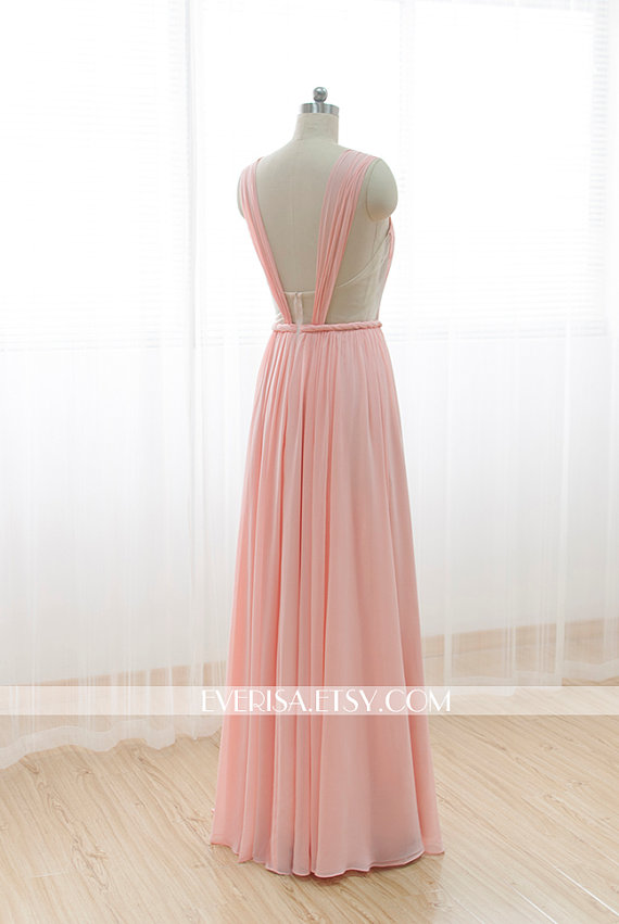 Hochzeit - Blush Pink Chiffon Bridesmaid dress Long Prom Dress See Through Backless Dress