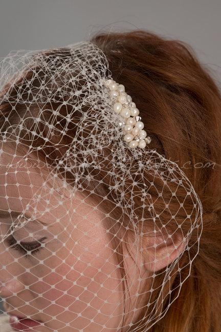زفاف - Birdcage Veil with Fresh Water Pearl Cluster, Bridal Hair Piece, Wedding Veil, Birdcage Veil, Bridal Pearl Hair Comb