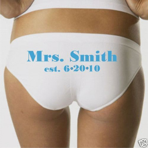 Hochzeit - Mrs. with name and wedding date custom panties something blue size choice great shower or bridal gift bride wedding