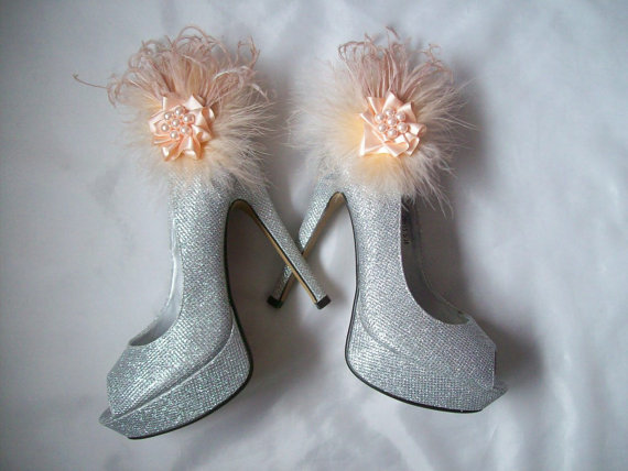 زفاف - Peach Feather and Orchid Flower Satin Crystal Glamorous Shoe Clips Bridal Wedding Prom Races - Custom Made to Order