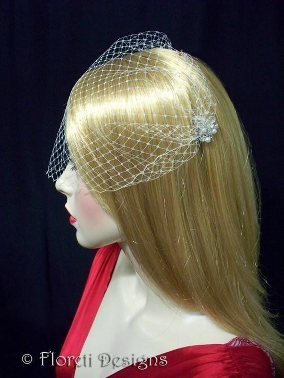 Mariage - Birdcage Wedding Veil Ivory French Bandeau 9in w Crystal Combs -Ready Made