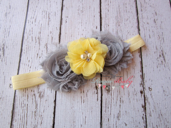 زفاف - Yellow & Gray Headband -  Photo Prop - Newborn Infant Baby Toddler Girls Adult Flower Girl Wedding