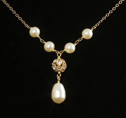 زفاف - Wedding Necklace  -- Rhinestone Pearl Wedding Jewelry, Y Drop Necklace, Pearl Bridal Necklace, Swarovski Pearls and Gold -- PORTIA